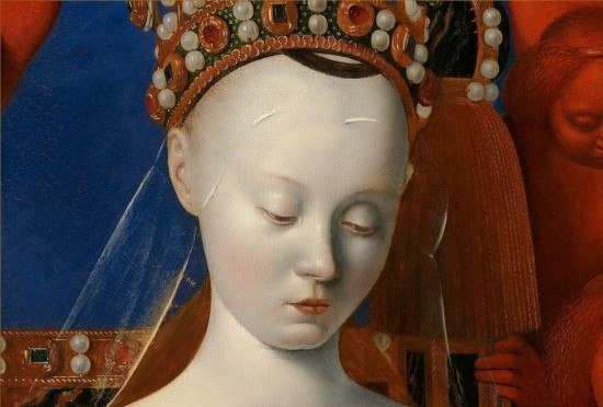 Jean Fouquet Dyptyk z Melun, Madonna z Dzieciątkiem wśród Aniołów (prawy panel) | ok. 1450, olej na desce, 94.5 cm x 85.5 cm, Royal Museum of Fine Arts, Antwerpia